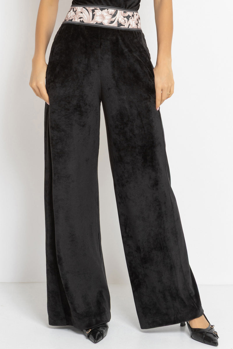 VELVET WIDE-LEG TROUSERS WITH ELASTIC WAIST IN BLACK - ESSENTIALS