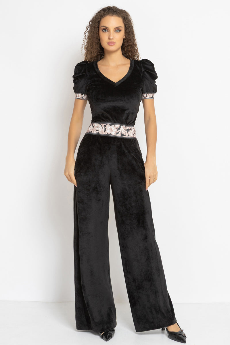 VELVET WIDE-LEG TROUSERS WITH ELASTIC WAIST IN BLACK - ESSENTIALS