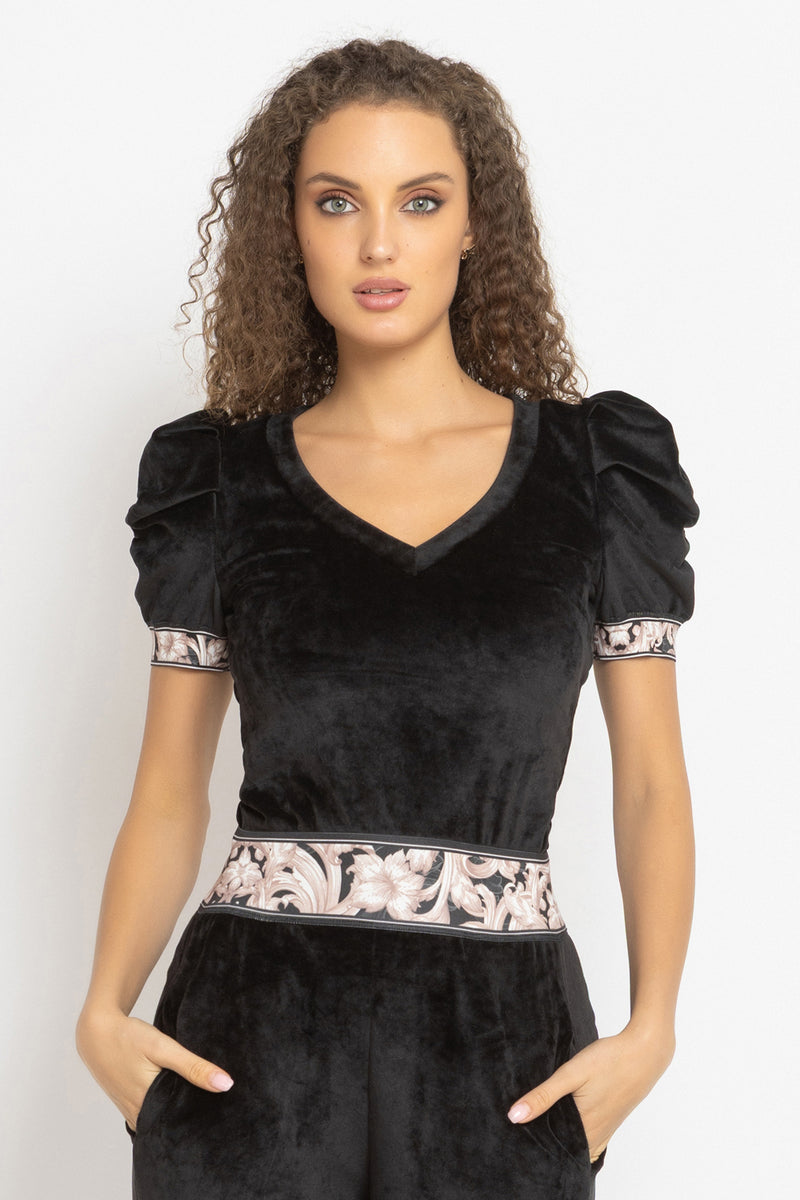 VELVET BLOUSE WITH PUFF SLEEVES AND V-NECKLINE IN BLACK - ESSENTIALS