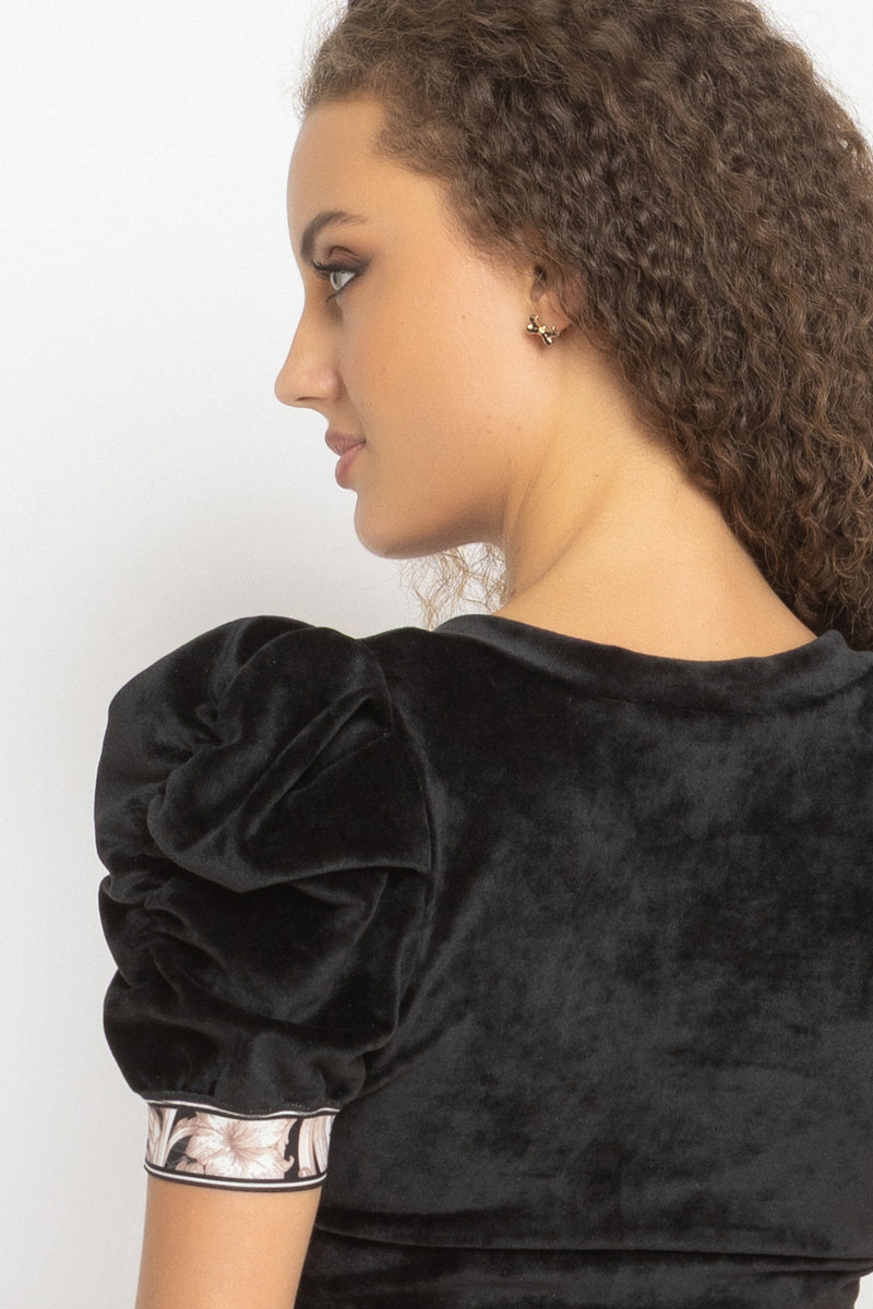 VELVET BLOUSE WITH PUFF SLEEVES AND V-NECKLINE IN BLACK - ESSENTIALS