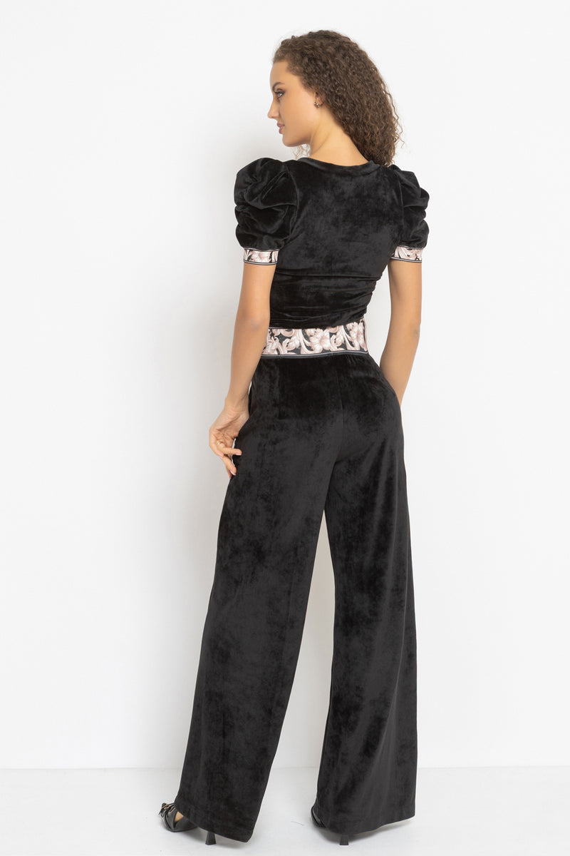 VELVET WIDE-LEG TROUSERS WITH ELASTIC WAIST IN BLACK - ESSENTIALS