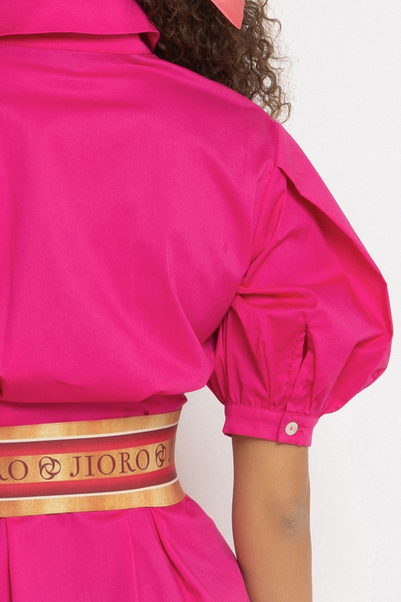 CYCLAMEN SHIRT COTTON POPLIN DRESS WITH OVAL HEM - ESSENTIALS JIORO РОКЛЯ ТИП РИЗА ОТ ПАМУЧЕН ПОПЛИН В ЦВЯТ ЦИКЛАМА С ОВАЛЕН ПОДГЪВ - ESSENTIALS JIORO