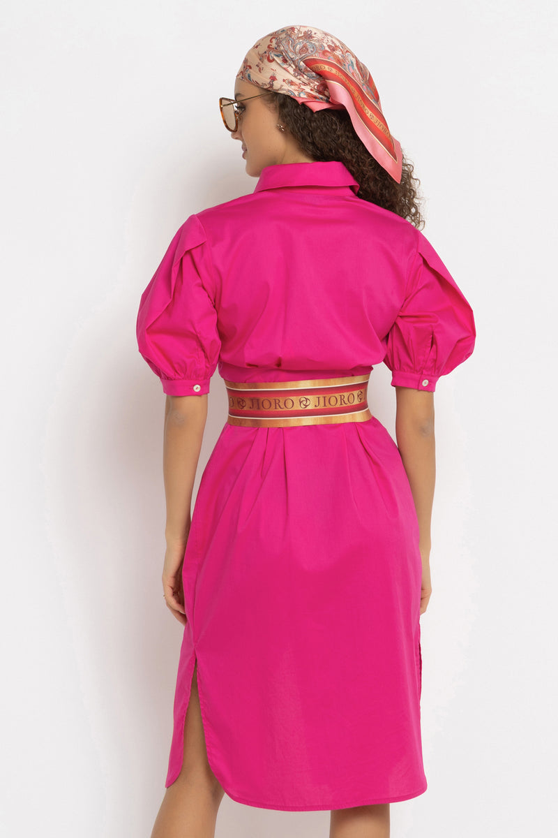 CYCLAMEN SHIRT COTTON POPLIN DRESS WITH OVAL HEM - ESSENTIALS JIORO РОКЛЯ ТИП РИЗА ОТ ПАМУЧЕН ПОПЛИН В ЦВЯТ ЦИКЛАМА С ОВАЛЕН ПОДГЪВ - ESSENTIALS JIORO