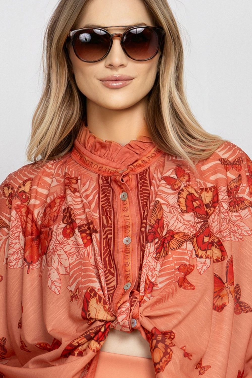 SQUARE TUNIC WITH RUFFLED COLLAR - PAPAYA BUTTERFLIES