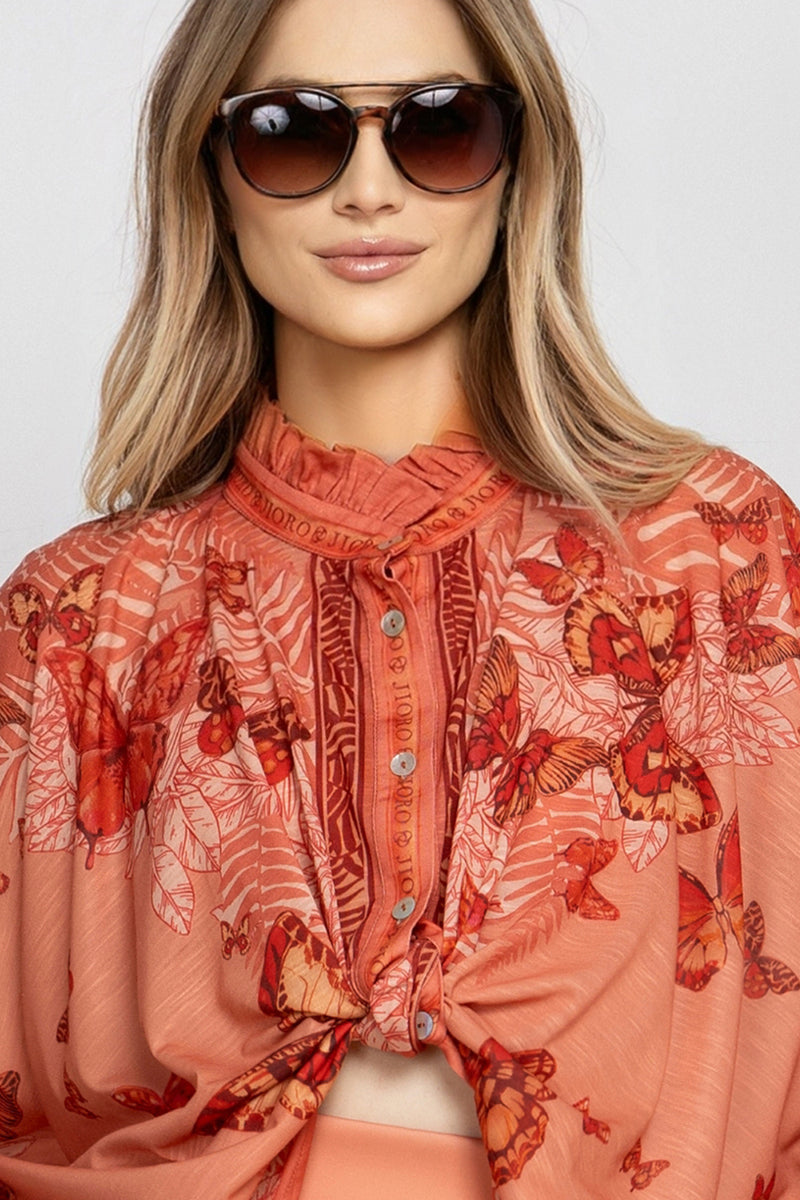 SQUARE TUNIC WITH RUFFLED COLLAR - PAPAYA BUTTERFLIES
