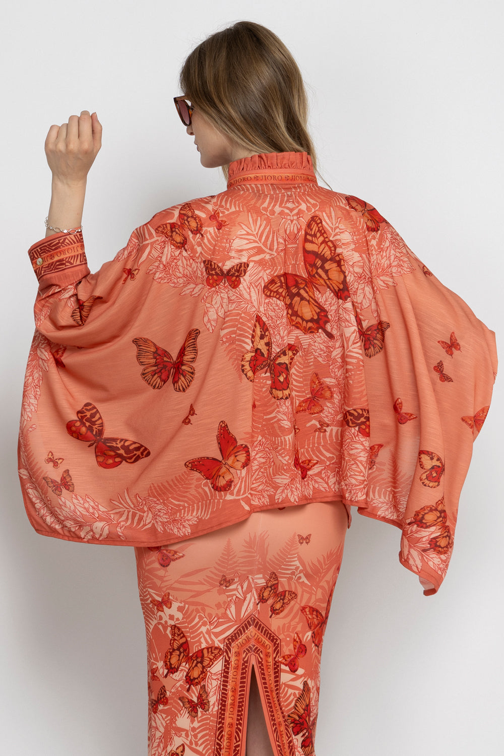 SQUARE TUNIC WITH RUFFLED COLLAR - PAPAYA BUTTERFLIES