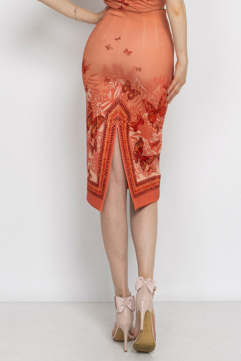 KNEE-LENGTH PENCIL SKIRT - PAPAYA BUTTERFLIES