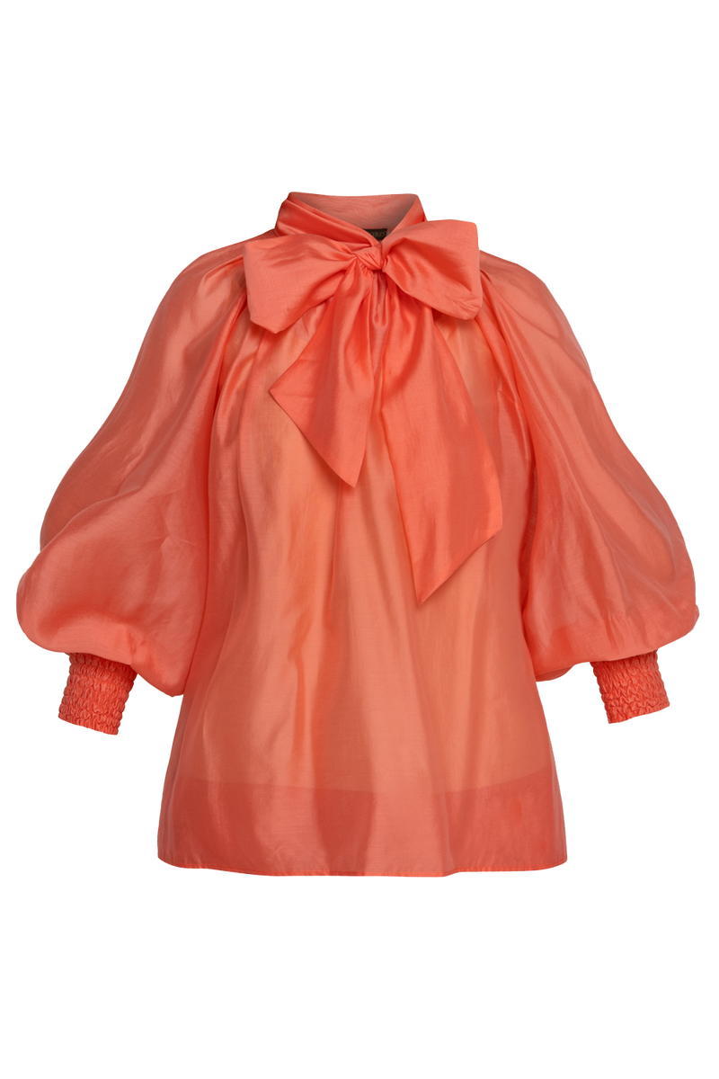 BOHEMIAN PAPAYA LYOCELL BLOUSE WITH PUFF SLEEVES AND TIE-FRONT COLLAR - ESSENTIALS