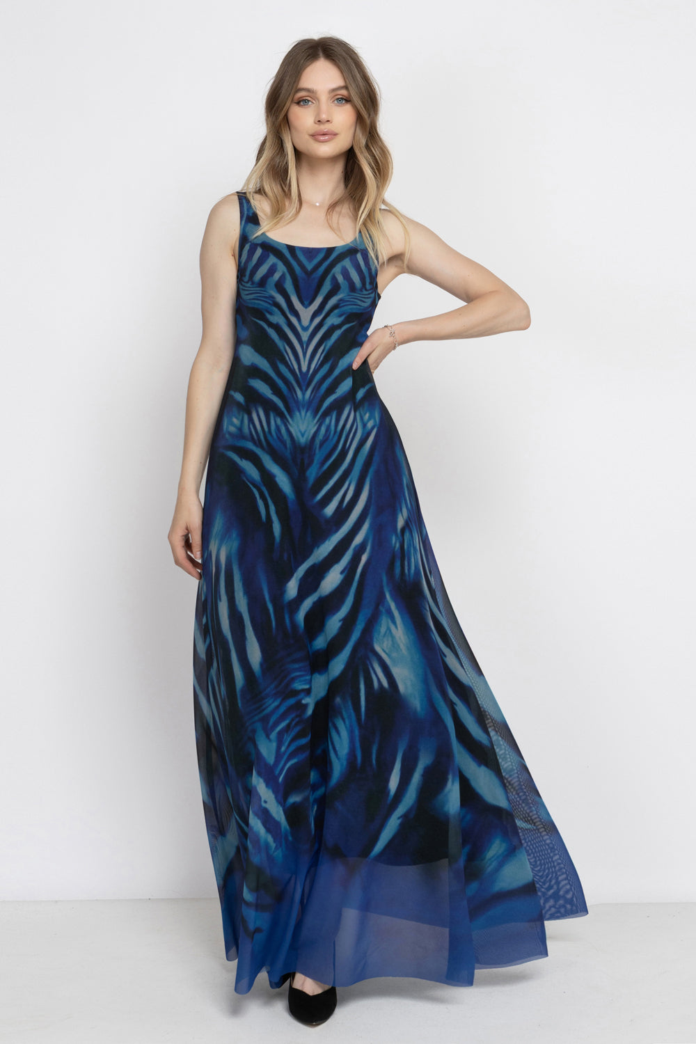 SLEEVELESS LONG MESH DRESS WITH SOFT MODAL LINING - SHADES OF BLUE
