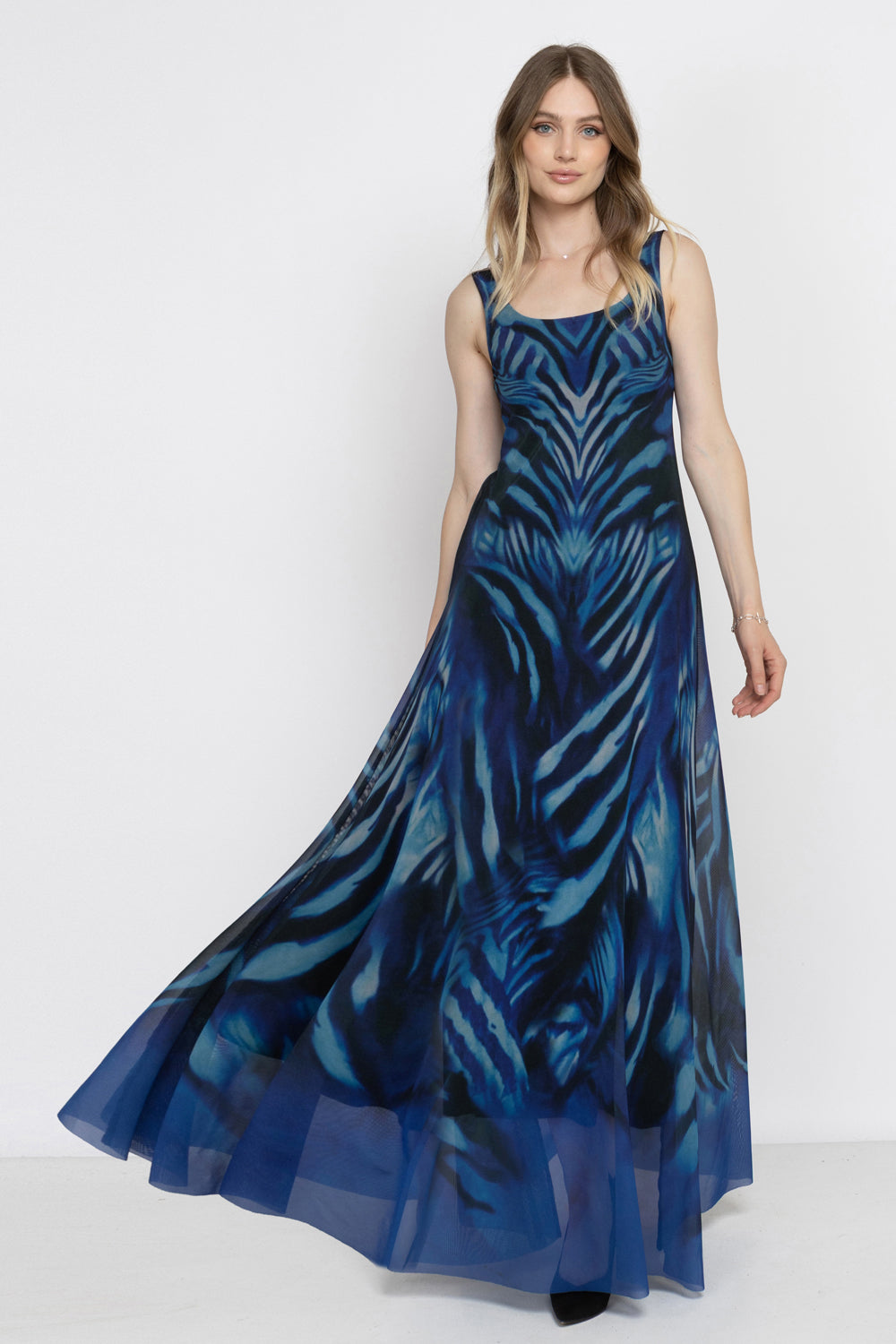 SLEEVELESS LONG MESH DRESS WITH SOFT MODAL LINING - SHADES OF BLUE