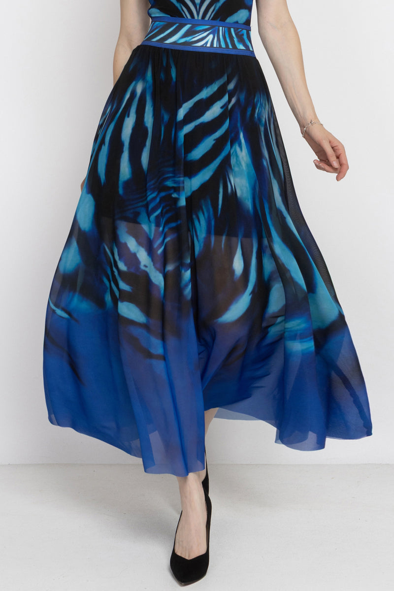 FLARED MESH SKIRT WITH MODAL LINING - SHADES OF BLUE JIORO ДЪЛГА ПОЛА ОТ МРЕЖА С ПОДПЛАТА ОТ МОДАЛ - SHADES OF BLUE JIORO 