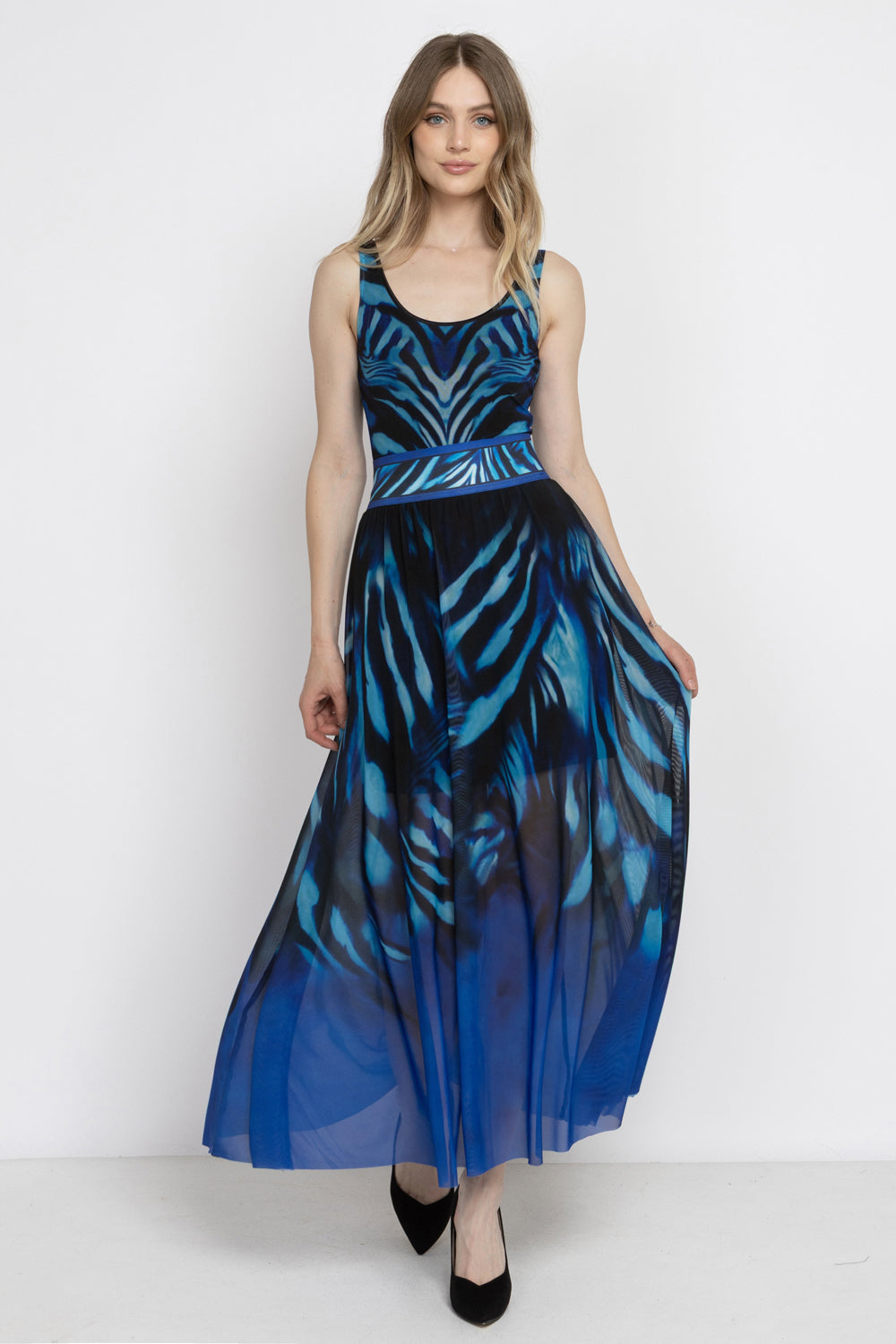 FLARED MESH SKIRT WITH MODAL LINING - SHADES OF BLUE