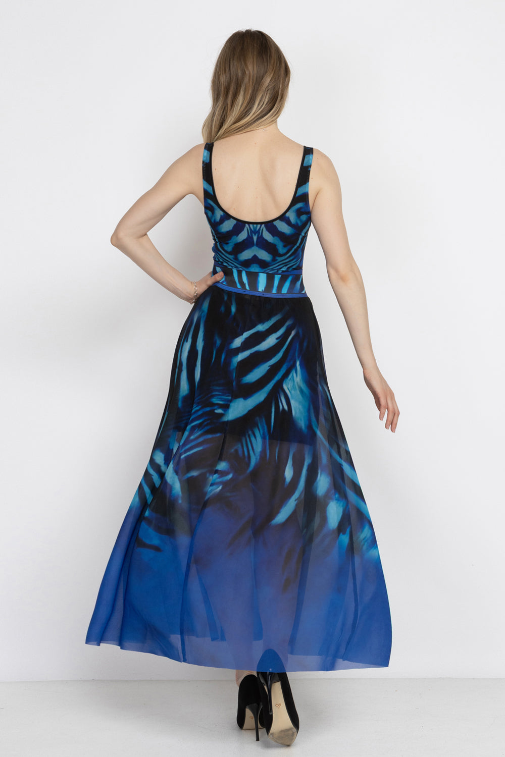 FLARED MESH SKIRT WITH MODAL LINING - SHADES OF BLUE
