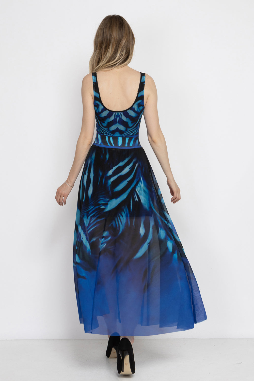 FLARED MESH SKIRT WITH MODAL LINING - SHADES OF BLUE