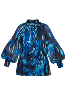 BOHEMIAN BLOUSE WITH PUFF SLEEVES AND TIE-FRONT COLLAR - SHADES OF BLUE JIORO БОХЕМСКА РИЗА ОТ ШИФОН С БОГАТИ РЪКАВИ И ВРЪЗКА - SHADES OF BLUE JIORO