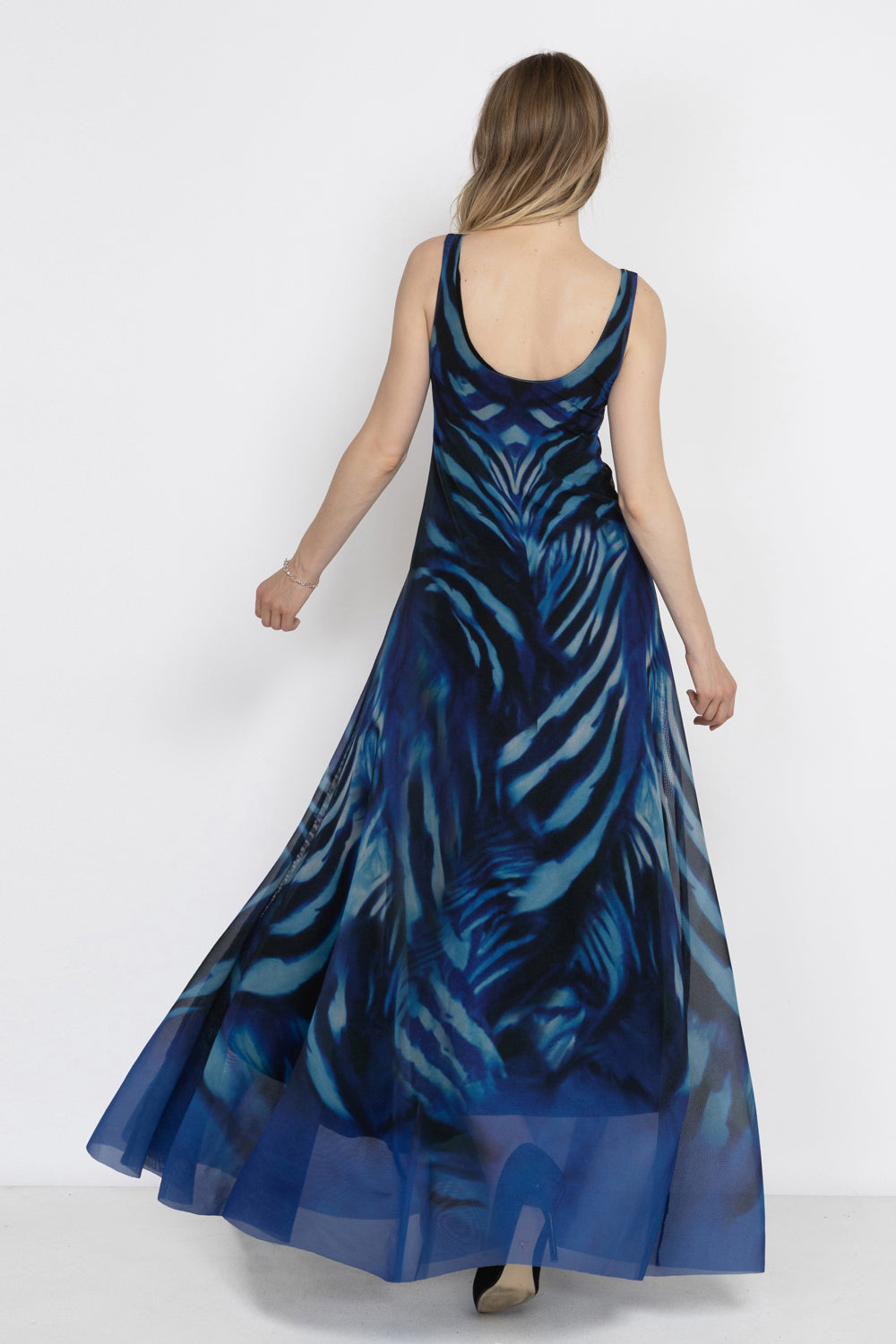 SLEEVELESS LONG MESH DRESS WITH SOFT MODAL LINING - SHADES OF BLUE