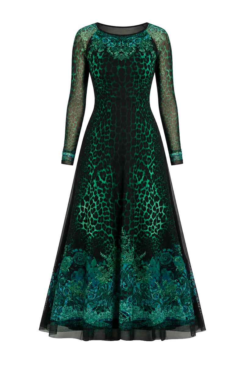 LONG FINE NET DRESS WITH BOAT NECKLINE - LEO NEON GREEN