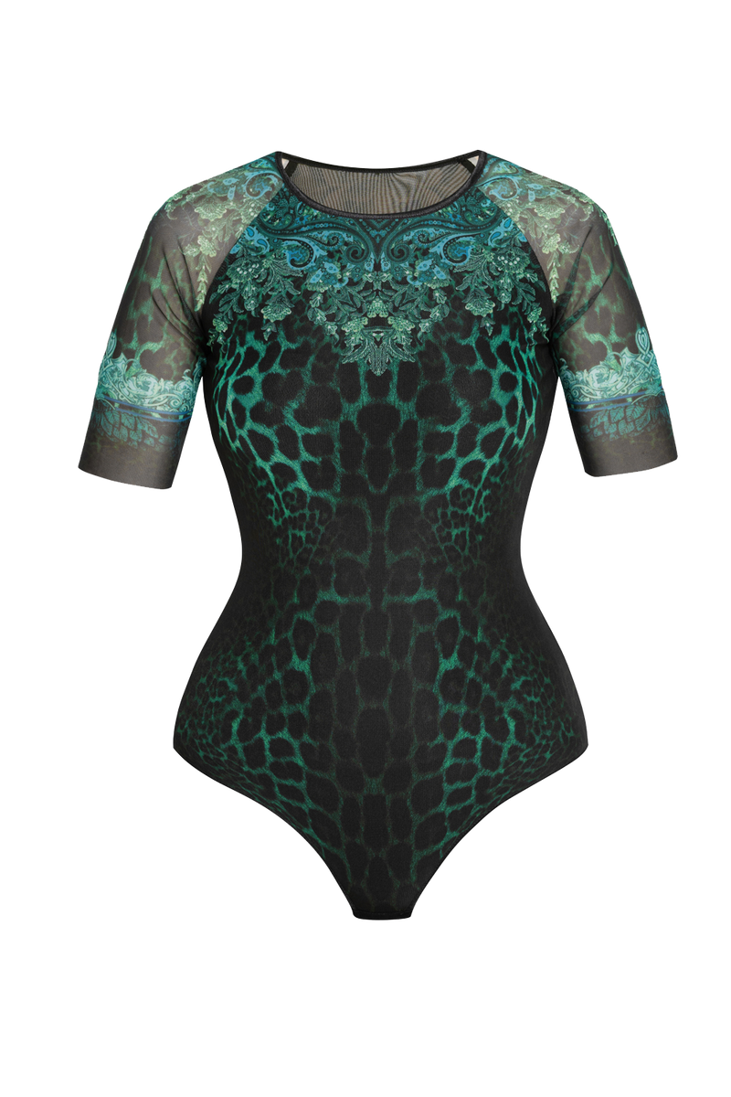 SHORT SLEEVE MESH BODYSUIT WITH ROUND NECKLINE - LEO NEON GREEN