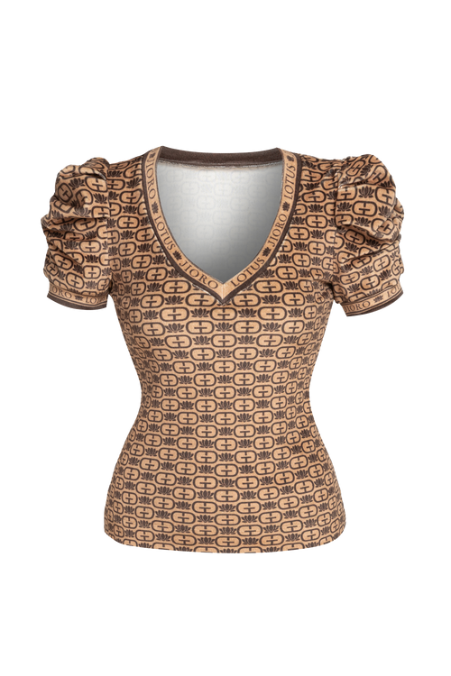 SIGNATURE VELVET V-NECK TOP WITH PUFF SLEEVES - MOCHA MOUSSE LOGO JIORO ПЛЮШЕН ТОП С V-ДЕКОЛТЕ И БУФАН РЪКАВИ - MOCHA MOUSSE LOGO JIORO
