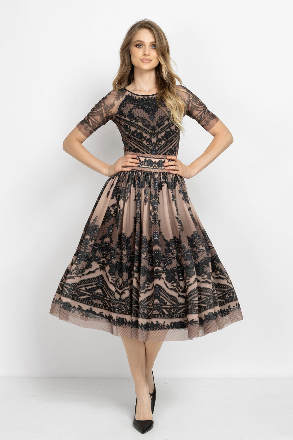 MESH SKIRT WITH ELASTIC WAIST AND VISCOSE LINING - GRAFFITI POWDER