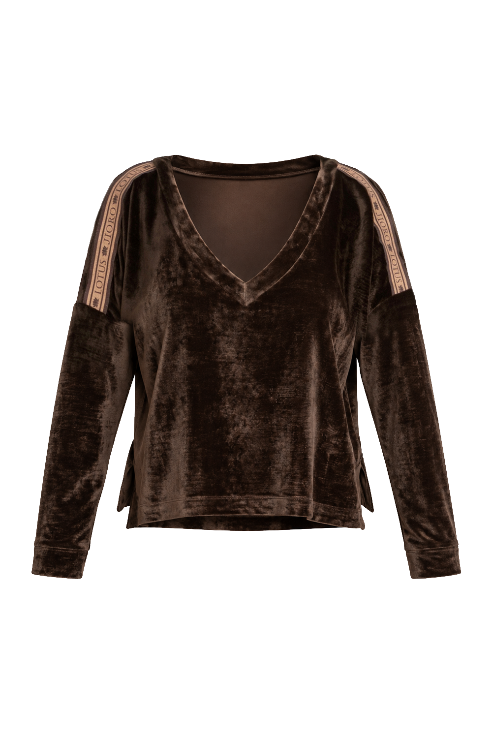 TRUFFLE RELAXED V-NECK VELVET TOP WITH MOCHA MOUSSE LOGO TRIM - ESSENTIALS JIORO СВОБОДЕН ТОП ОТ КАДИФЕ В ЦВЯТ ТРЮФЕЛ С ЛОГО КАНТ MOCHA MOUSSE - ESSENTIALS JIORO