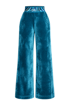 DUSTY TEAL VELVET WIDE-LEG PANTS WITH SHADES OF BLUE WAISTBAND - ESSENTIALS JIORO ШИРОК ПАНТАЛОН ОТ КАДИФЕ В ЦВЯТ ТИЙЛ С ЛАСТИК SHADES OF BLUE - ESSENTIALS JIORO