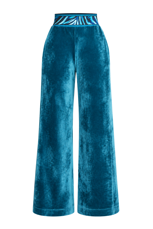 DUSTY TEAL VELVET WIDE-LEG PANTS WITH SHADES OF BLUE WAISTBAND - ESSENTIALS JIORO ШИРОК ПАНТАЛОН ОТ КАДИФЕ В ЦВЯТ ТИЙЛ С ЛАСТИК SHADES OF BLUE - ESSENTIALS JIORO