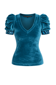 DUSTY TEAL V-NECK VELVET TOP WITH PUFF SLEEVES SHADES OF BLUE TRIM- ESSENTIALS JIORO БЛУЗА ОТ КАДИФЕ В ЦВЯТ ТИЙЛ С V-ДЕКОЛТЕ И НАБРАНИ РЪКАВИ SHADES OF BLUE - ESSENTIALS JIORO