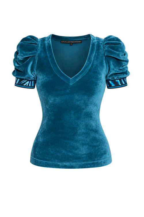 DUSTY TEAL V-NECK VELVET TOP WITH PUFF SLEEVES SHADES OF BLUE TRIM- ESSENTIALS JIORO БЛУЗА ОТ КАДИФЕ В ЦВЯТ ТИЙЛ С V-ДЕКОЛТЕ И НАБРАНИ РЪКАВИ SHADES OF BLUE - ESSENTIALS JIORO