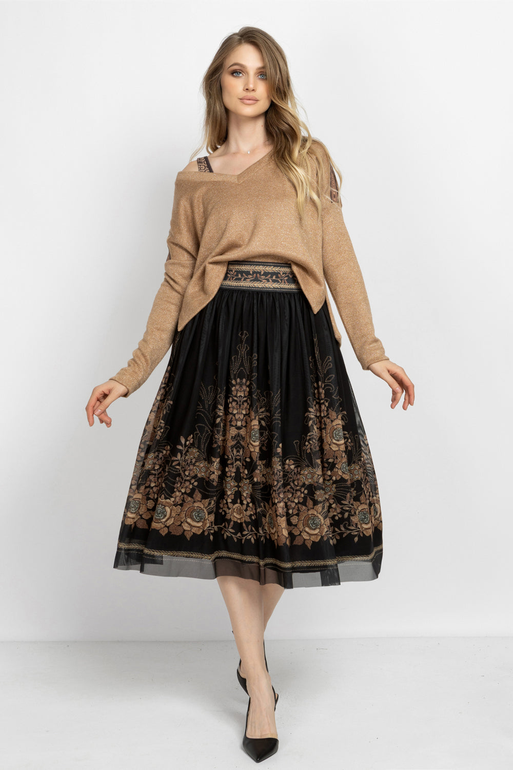 GOLD LUREX V-NECK TOP - ESSENTIALS