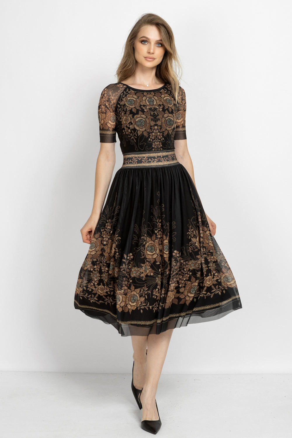 SHORT-SLEEVE MESH BODYSUIT WITH MODAL LINING - GOLDEN ROSES