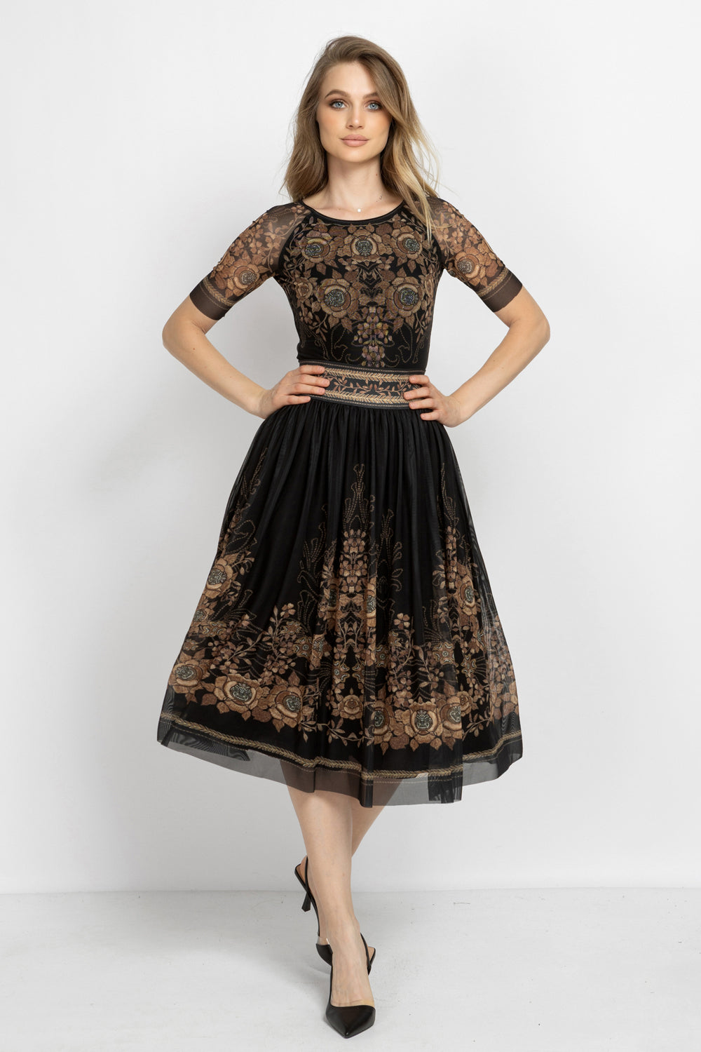 SHORT-SLEEVE MESH BODYSUIT WITH MODAL LINING - GOLDEN ROSES