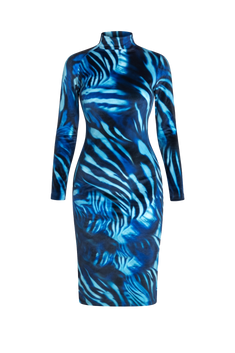 HIGH-NECK MIDI VELVET DRESS WITH LONG RAGLAN SLEEVES - SHADES OF BLUE JIORO МИДИ РОКЛЯ ОТ КАДИФЕ С ВИСОКА ЯКА И ДЪЛГИ РЕГЛАН РЪКАВИ - SHADES OF BLUE JIORO