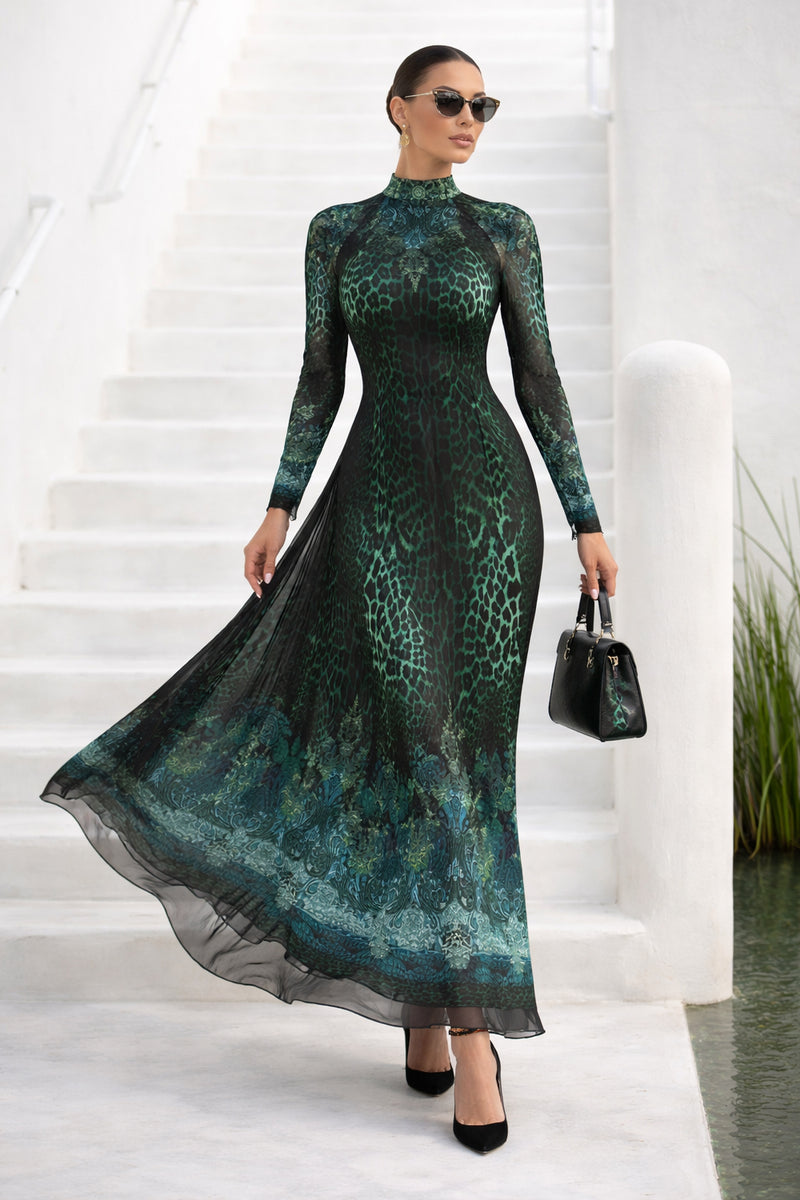 LONG FINE NET DRESS - LEO NEON GREEN