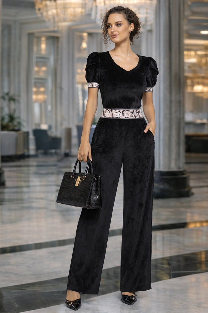 VELVET BLOUSE WITH PUFF SLEEVES AND V-NECKLINE IN BLACK - ESSENTIALS