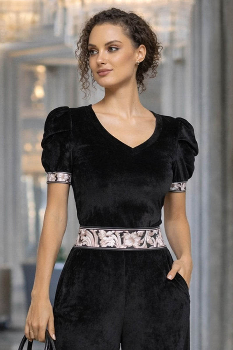 VELVET BLOUSE WITH PUFF SLEEVES AND V-NECKLINE IN BLACK - ESSENTIALS