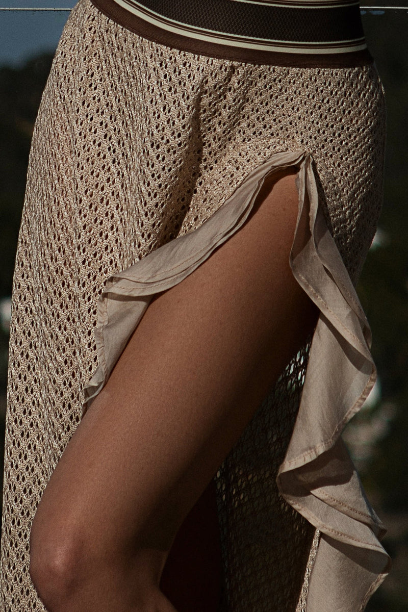 LONG COTTON MESH SKIRT WITH RUFFLES IN BEIGE – ESSENTIALS