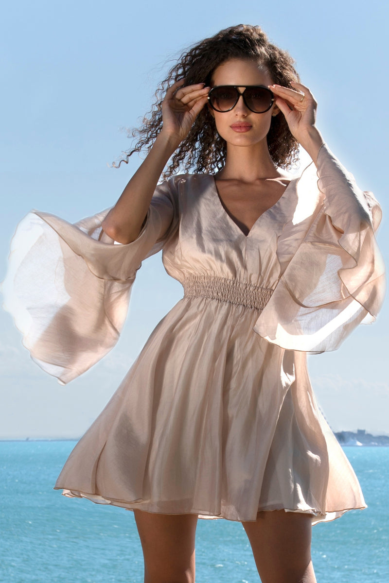 SHORT LYOCELL DRESS WITH WIDE SLEEVES - ESSENTIALS JIORO КЪСА РОКЛЯ ОТ ЛИОЦЕЛ С ШИРОК РЪКАВ - ESSENTIALS JIORO