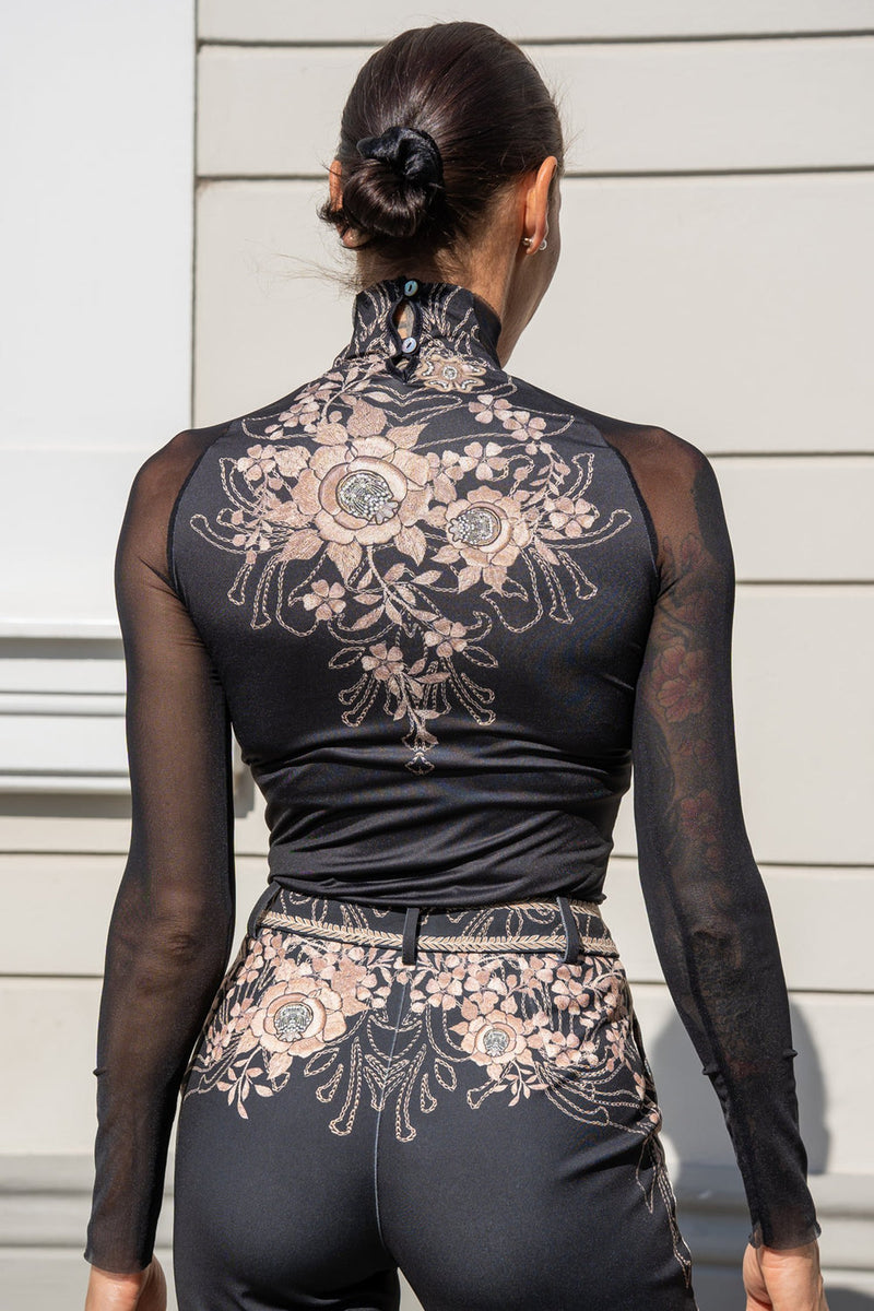 TOP WITH TRANSPARENT SLEEVES - GOLDEN ROSES