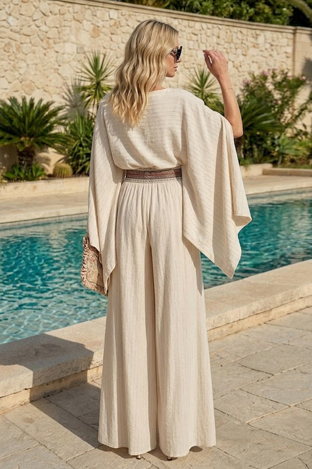 RELAXED VISCOSE-LINEN TUNIC WITH SIDE SLITS IN ECRU STRIPED - ESSENTIALS