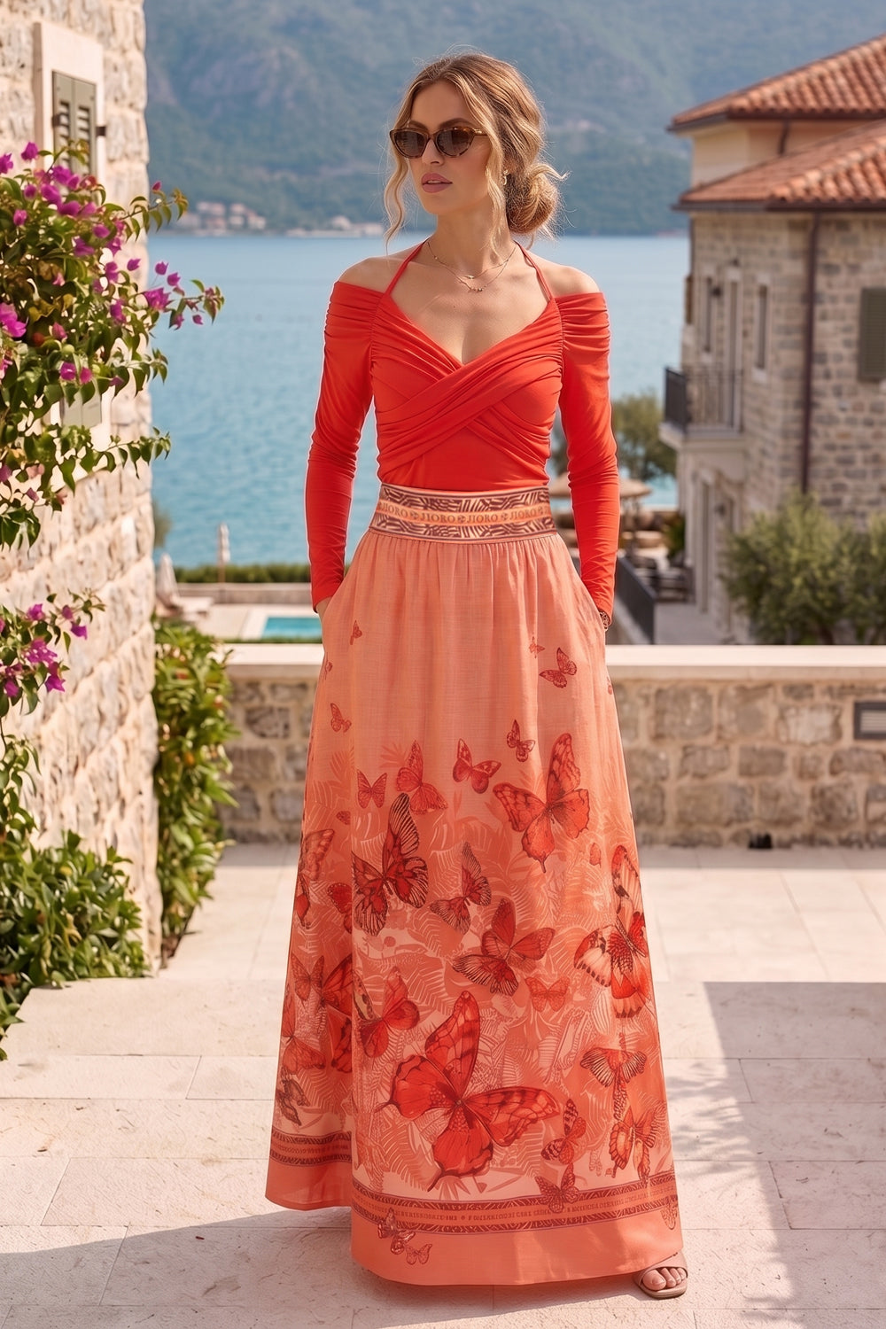 WATERMELON VISCOSE STRETCH WRAP BLOUSE WITH GATHERS - ESSENTIALS