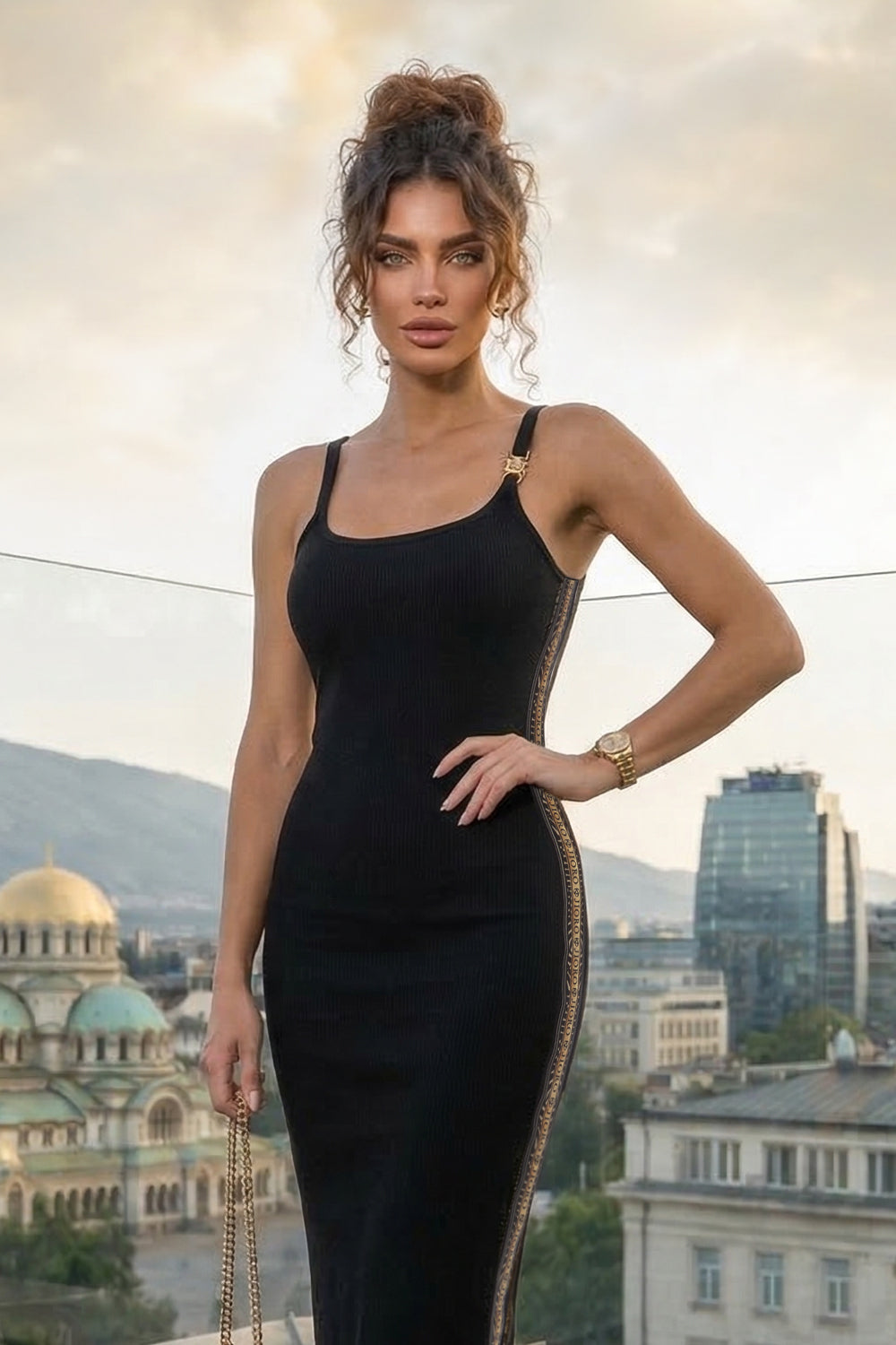 COTTON RIBBED DRESS WITH SHOULDER CLOSURE AND SIDE ELASTIC IN BLACK - ESSENTIALS JIORO РОКЛЯ ОТ ЧЕРЕН ПАМУЧЕН РИПС С ДЕКОРАТИВНА КАТАРАМА - ESSENTIALS JIORO