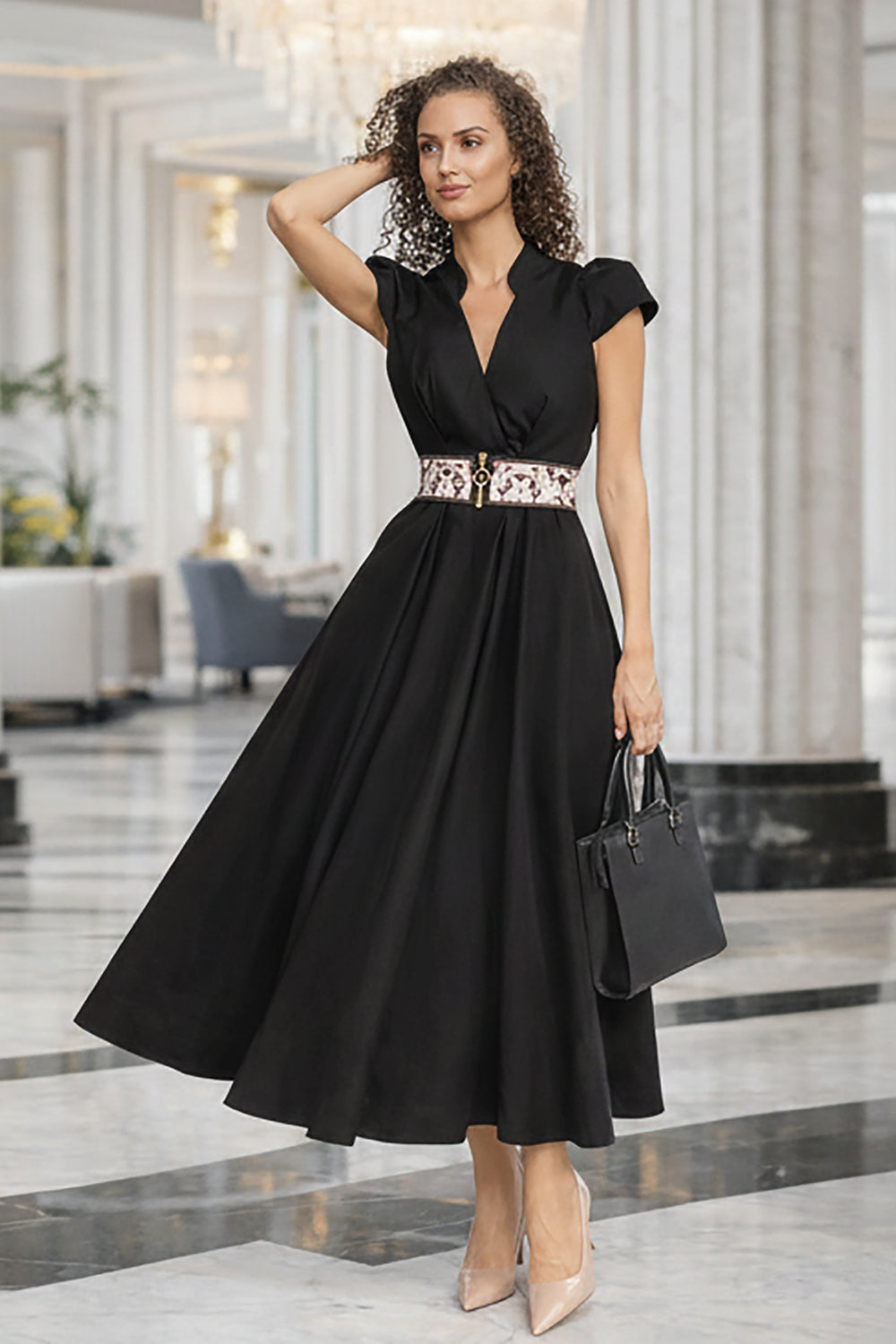 LONG FLARED LINEN DRESS IN BLACK - ESSENTIALS