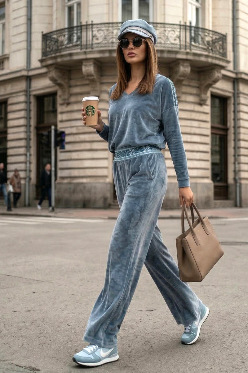 VELVET WIDE-LEG TROUSERS WITH ELASTIC WAIST IN STEEL GREY - ESSENTIALS JIORO БЛУЗА ОТ КАДИФЕ С НАБРАН КЪС РЪКАВ И V ДЕКОЛТЕ В СТОМАНЕНО СИВО - ESSENTIALS JIORO