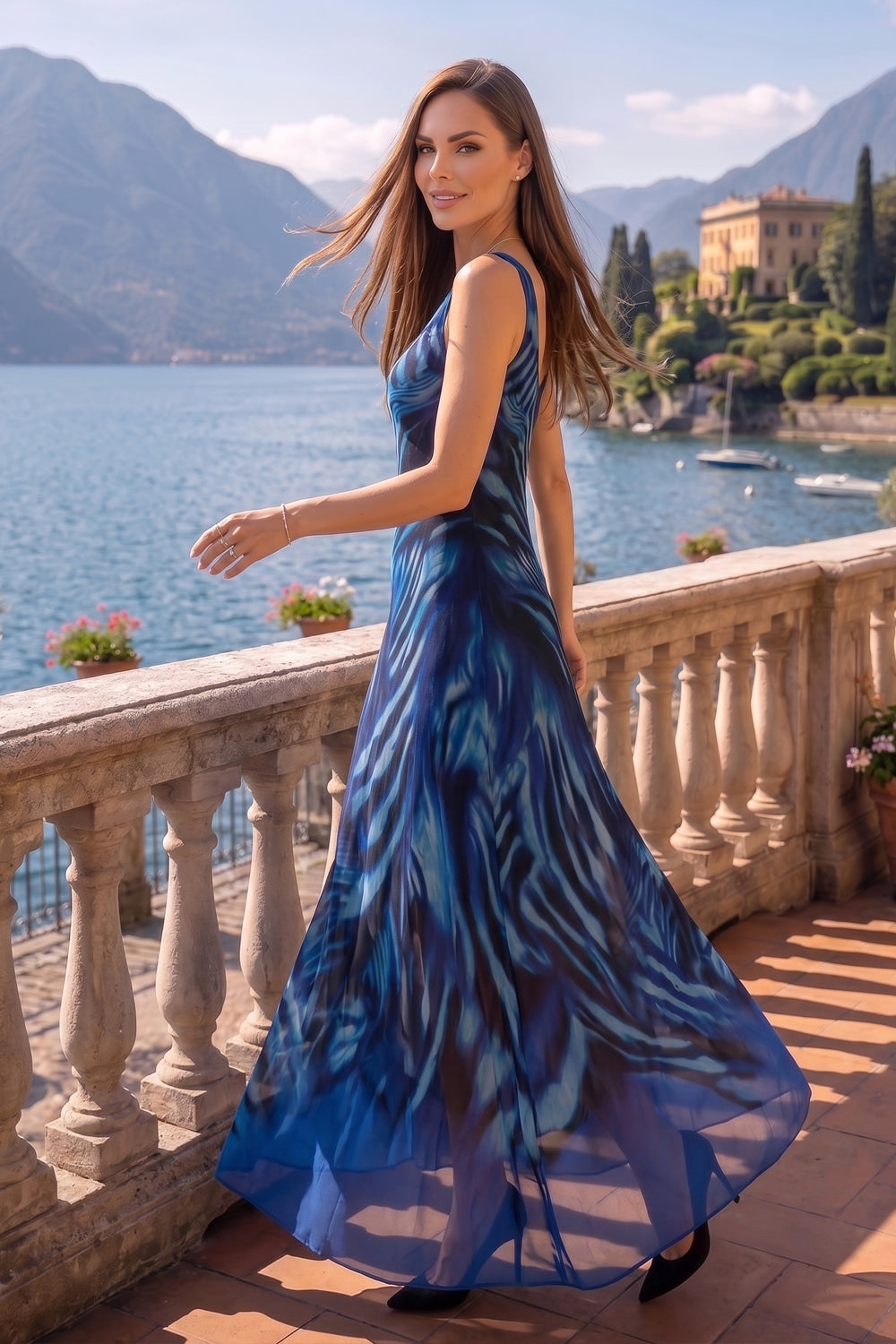 SLEEVELESS LONG MESH DRESS WITH SOFT MODAL LINING - SHADES OF BLUE