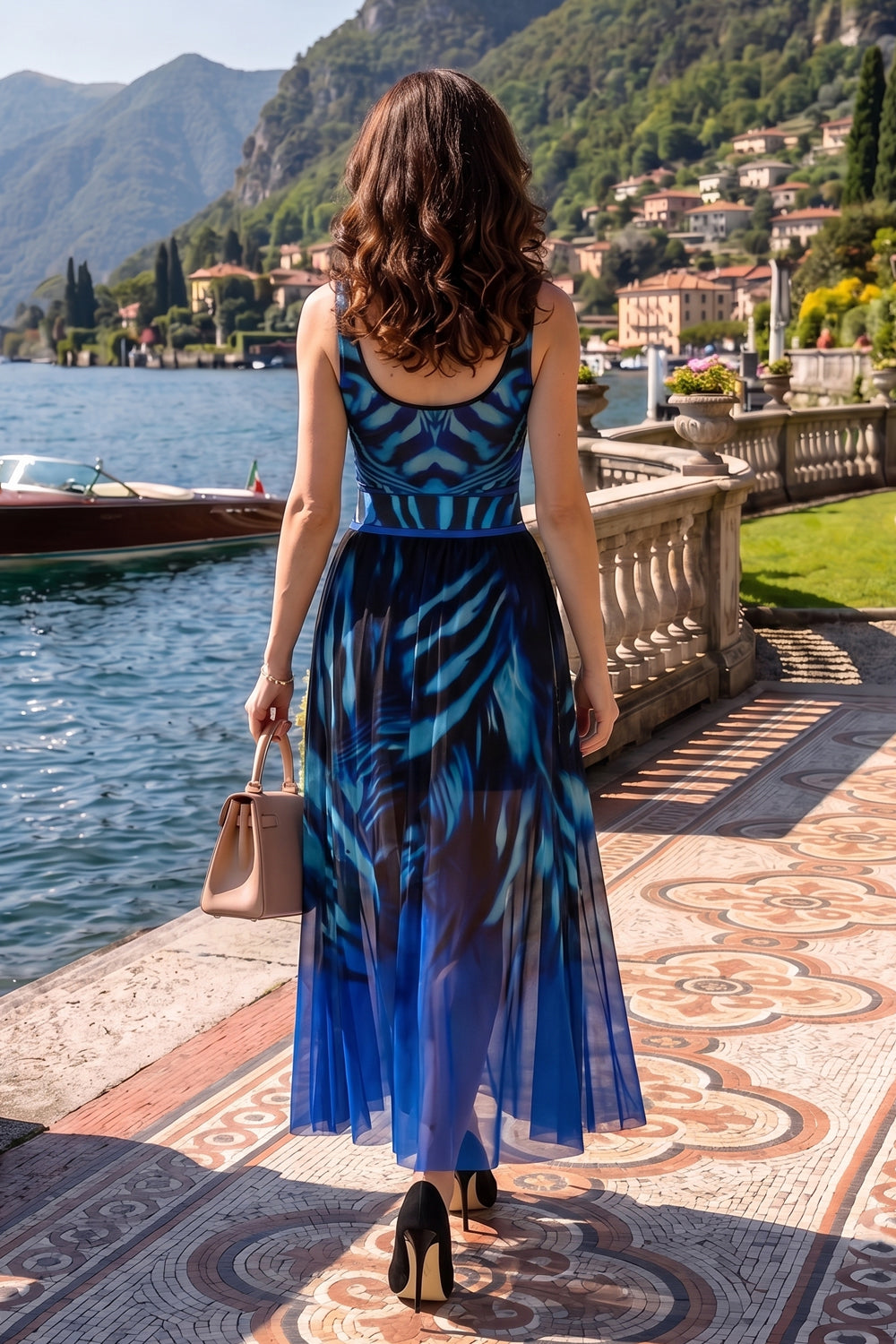 FLARED MESH SKIRT WITH MODAL LINING - SHADES OF BLUE
