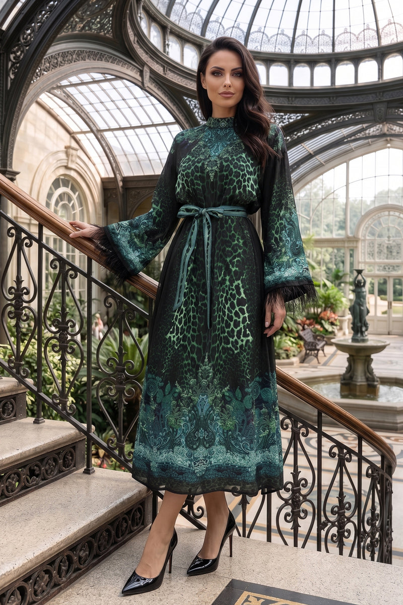 VISCOSE CAFTAN WITH FEATHERS - LEO NEON GREEN