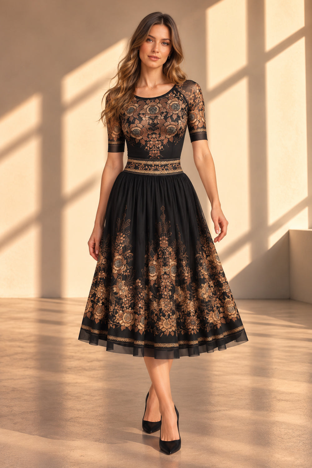 SHORT-SLEEVE MESH BODYSUIT WITH MODAL LINING - GOLDEN ROSES