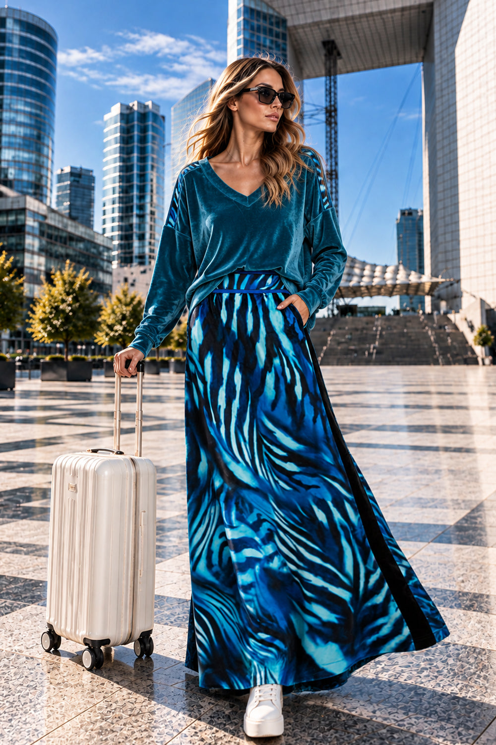 DUSTY TEAL RELAXED V-NECK VELVET TOP WITH SHADES OF BLUE PRINT TRIM - ESSENTIALS JIORO СВОБОДЕН ТОП ОТ КАДИФЕ В ЦВЯТ ТИЙЛ С КАНТ SHADES OF BLUE - ESSENTIALS JIORO