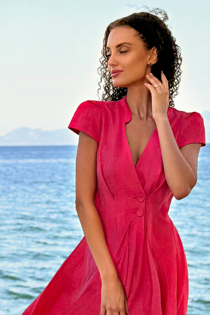 LONG FLARED LINEN DRESS IN FUCHSIA - ESSENTIALS JIORO ДЪЛГА РАЗКРОЕНА РОКЛЯ ОТ ЛЕН В ЦВЯТ ФУКСИЯ – ESSENTIALS JIORO